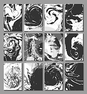 Marbling, ebru, suminagashi. Set of cards with texture, the effect of ink on the water. Abstract background. Design of cards.