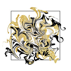 Marbling texture background. Golden glitter marble banner on white.