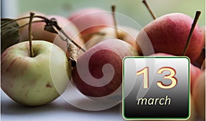 March 13 ,13th day of the month .Apples - vitamins you need every day. Spring month. Day of the year concept