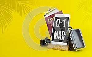 March 1st . Day 1 of month, Calendar date. Mechanical calendar display on your smartphone. The concept of travel. Spring month,