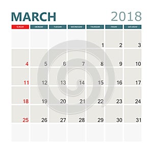 March 2018 calendar. Calendar planner design template. Week star