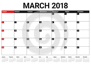 March 2018 calendar planner vector illustration