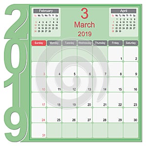 March 2019 Calendar Monthly Planner Design