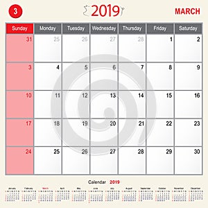 March 2019 Calendar Monthly Planner of Pig Design