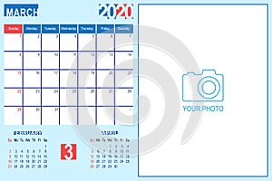 March 2020 Calendar Monthly Planner Design