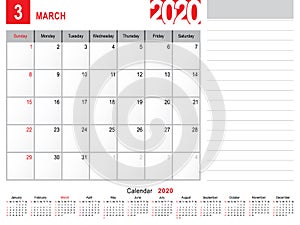 March 2020 Calendar Monthly Planner Design