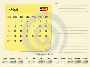 March 2020 Calendar Paper Note Design