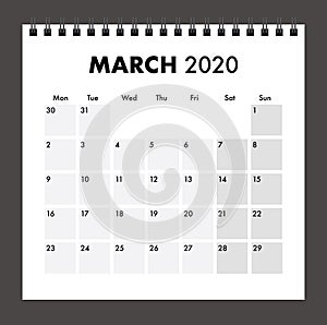 March 2020 calendar with wire band