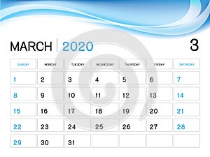 MARCH 2020 Year Template, Calendar 2020 Vector, Desk Calendar Design, Week Start On Sunday, Planner, Stationery, Printing