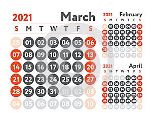 March 2021 calendar. Planner design. English calender. Red color vector template. Week starts on Sunday. Business planning