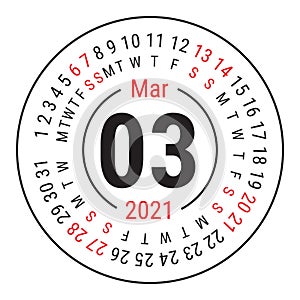 March 2021. Vector English Ñalendar. Round calender. Week starts on Sunday. Design template. Circle. Third month