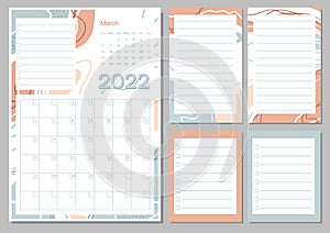 March 2022 calendar month planner in pastel color, week starts on Monday, planner and notes pages collection set. Drawing page for