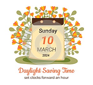 March 2024 Daylight Saving Time begins concept. Spring forward, set your clocks ahead hour. DST starts in USA poster for reminder