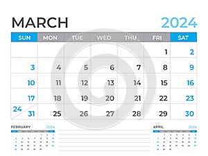 March 2024 page, Calendar 2024 template, Desk calendar 2024 year, planner design, Wall calendar, week starts on sunday, stationery