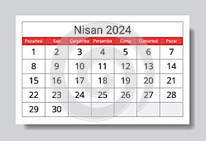 March 2024 TURKISH calendar - Nisan. Vector illustration. Monthly planning for business in Turkey