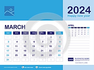 March 2024 year, Calendar planner 2024 and Set of 12 Months, week start on Sunday. Desk calendar 2024 design, simple, Wall