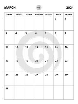 March 2024 year planner template, calendar 2024 desgin, monthly and yearly planners. organizer diary. week start Sunday, corporate