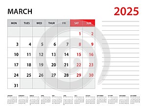 March 2025 year - Calendar 2025 template vector, week start on monday, Desk calendar 2025 year, Wall calendar design, corporate