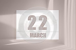 march 22. 22th day of the month, calendar date. White sheet of paper with numbers on minimalistic pink background with
