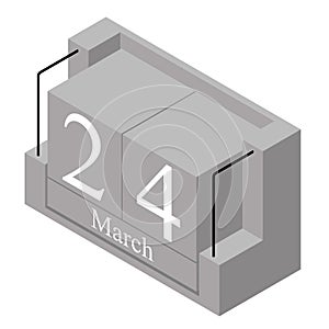 March 24th date on a single day calendar. Gray wood block calendar present date 24 and month March isolated on white background.