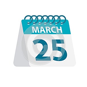 March 25 - Calendar Icon. Vector illustration of one day of month. Desktop Calendar Template