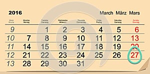 March 27, 2016 Catholic Easter. Easter egg Calendar