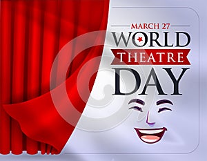 March 27, World theatre day, concept greeting card, with curtains and Scene with red v