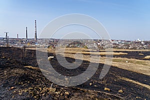 March 29, 2022 Balti Moldova. Editorial background. Burnt reeds after a fire near the village