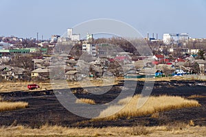 March 29, 2022 Balti Moldova. Editorial background. Burnt reeds after a fire near the village