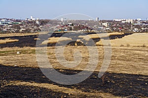 March 29, 2022 Balti Moldova. Editorial background. Burnt reeds after a fire near the village