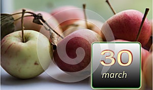 March 30 ,30th day of the month .Apples - vitamins you need every day. Spring month. Day of the year concept