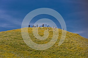 MARCH 31, 2019 - CARIRIZO PLAIN NATIONAL MONDUMENT (BLM) CENTRAL CALIFORNIA, USA - people on hill in spring super bloom follow