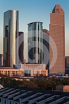 MARCH 7, 2018 , HOUSTON, TEXAS - High rise buildings in Houston cityscape illuminated at sunset,. Towers, twilight