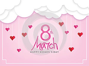 March 8 Happy Women`s Day Celebration. Papercut Style Pink Background with White Clouds and Hearts Vector Illustration.