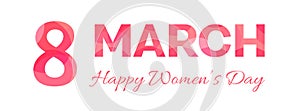 March 8 - Happy Women`s Day. Greeting card for International Womens Day made of red scraps. Minimal style. Isolation on white