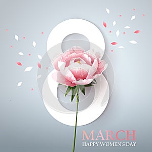 March 8. Happy womens day. Stylish greeting design with peony