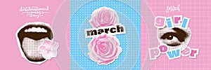 March 8 international women's day halftone collage cards set. Trendy Girl power concept. Vector illustrations