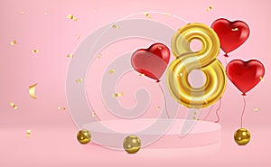March 8, International Women\'s Day, Pink background with gold number 8, red balloons and tinsel and gold pearls.