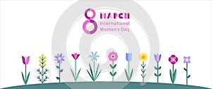 March 8, International Women\'s Day vector greeting card, horizontal banner shape, flowers border.