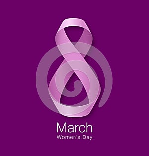 March 8 International Womens Day Design of greeting card. Realistic pink ribbon on purple background Vector illustration