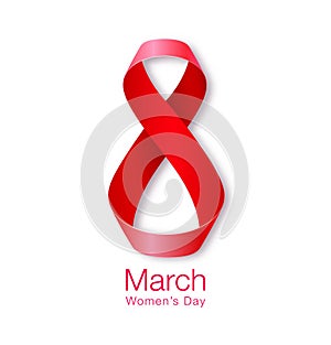 March 8 - International Womens Day Design of greeting card. Realistic red ribbon background. Vector illustration