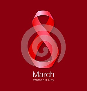 March 8 - International Womens Day Design of greeting card. Realistic red ribbon on red background. Vector illustration