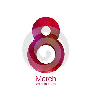 March 8 - International Womens Day Design of greeting card. Red 8 number watercolor background. Vector illustration