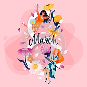 March 8 international womens day. Vector flat cartoon holiday illustration. Number eight and girls with spring flowers