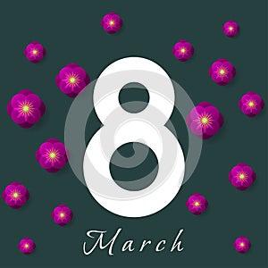 March 8 poster with purple paper cut flowers on green background