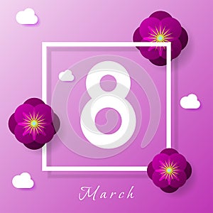 March 8 poster with purple paper cut flowers on lilac background