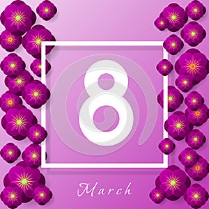 March 8 poster with purple paper cut flowers on lilac background