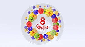 March 8 symbol in paper cut style with spring flowers. International Women`s day