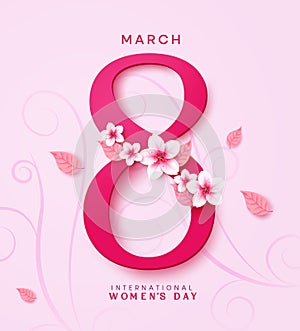 March 8 text vector design. International women\'s day celebration with flowers and leaves elements