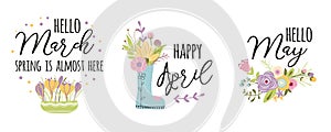 March, April, May. Vector typography spring quotes Cute words decorated hand drawn cute spring flowers photo